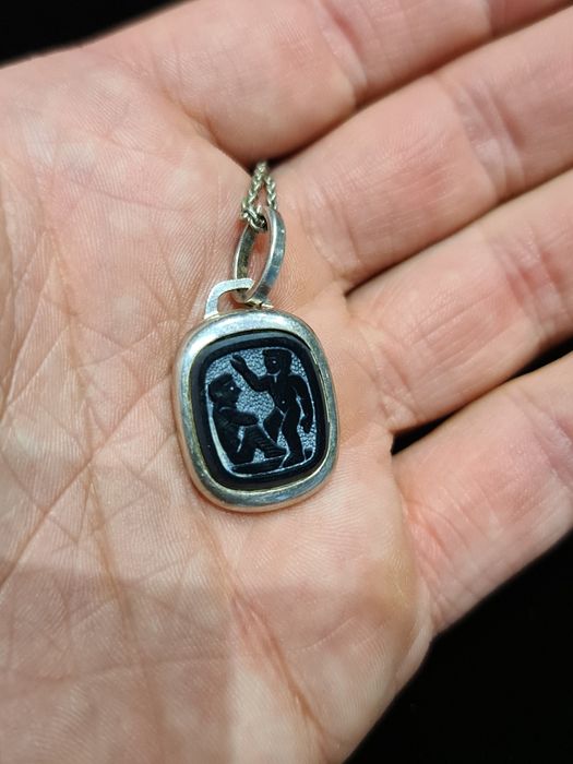 N Superb lant pandantiv argint 925 Germania,zodia gemeni,sticla topita