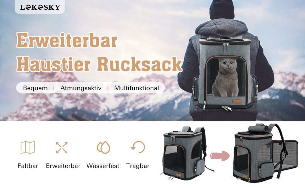 Разширяема транспортна раница за домашни любимци Lekesky (Сива)