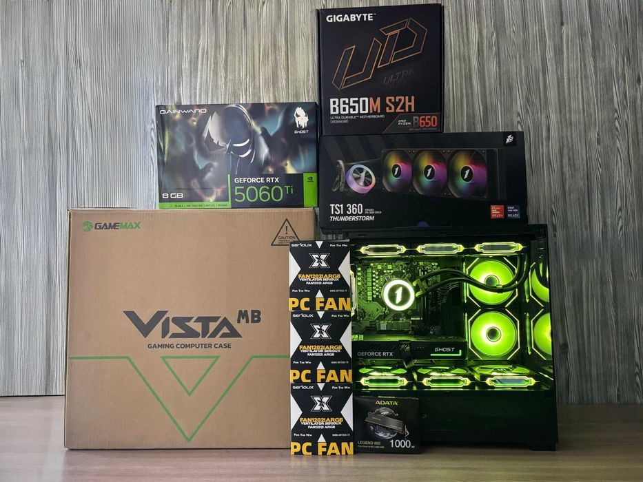 НОВ Геймърски компютър, гаранция Ryzen 7500F/RTX 5060TI/32GB RAM/1TB