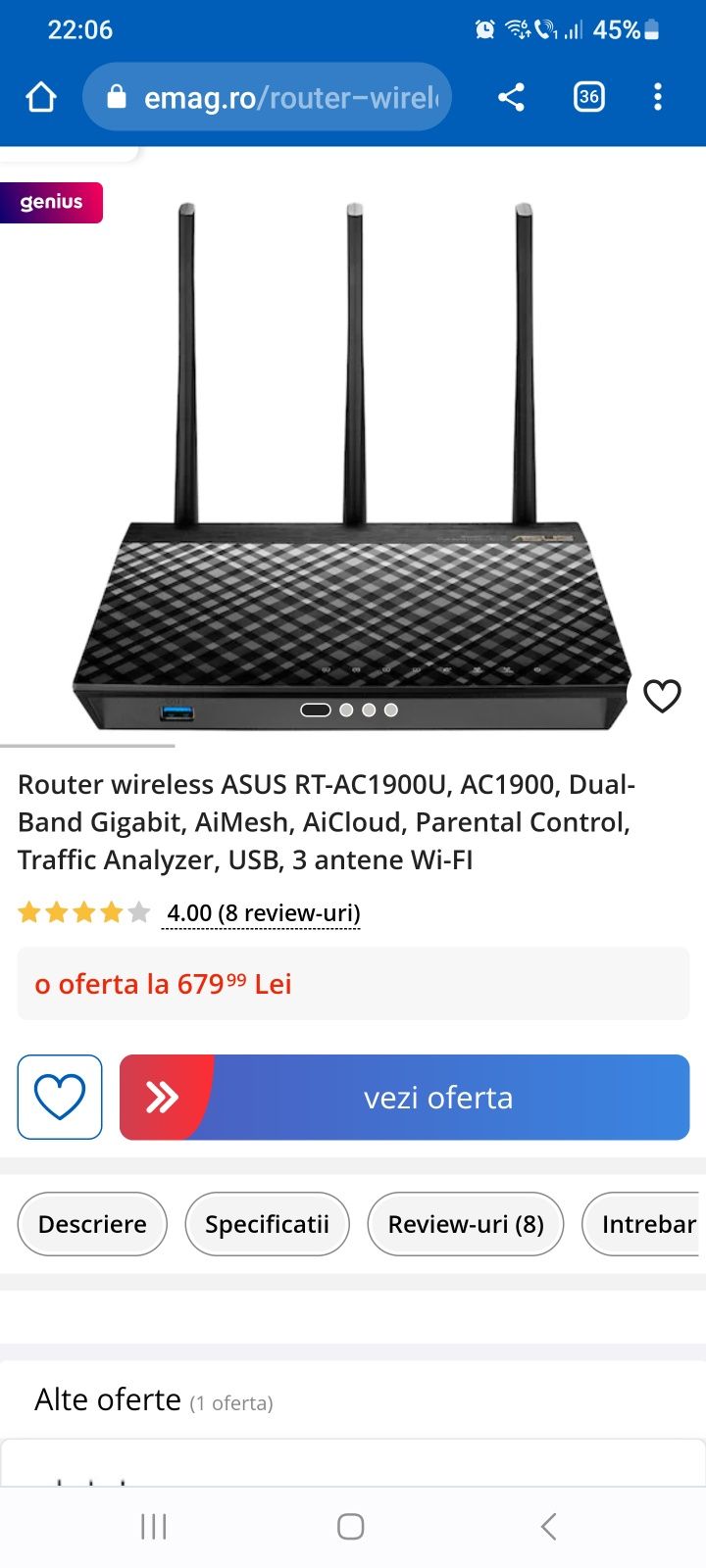 Router wireless ASUS RT-AC1900U, Dual-Band Gigabit, AiMesh