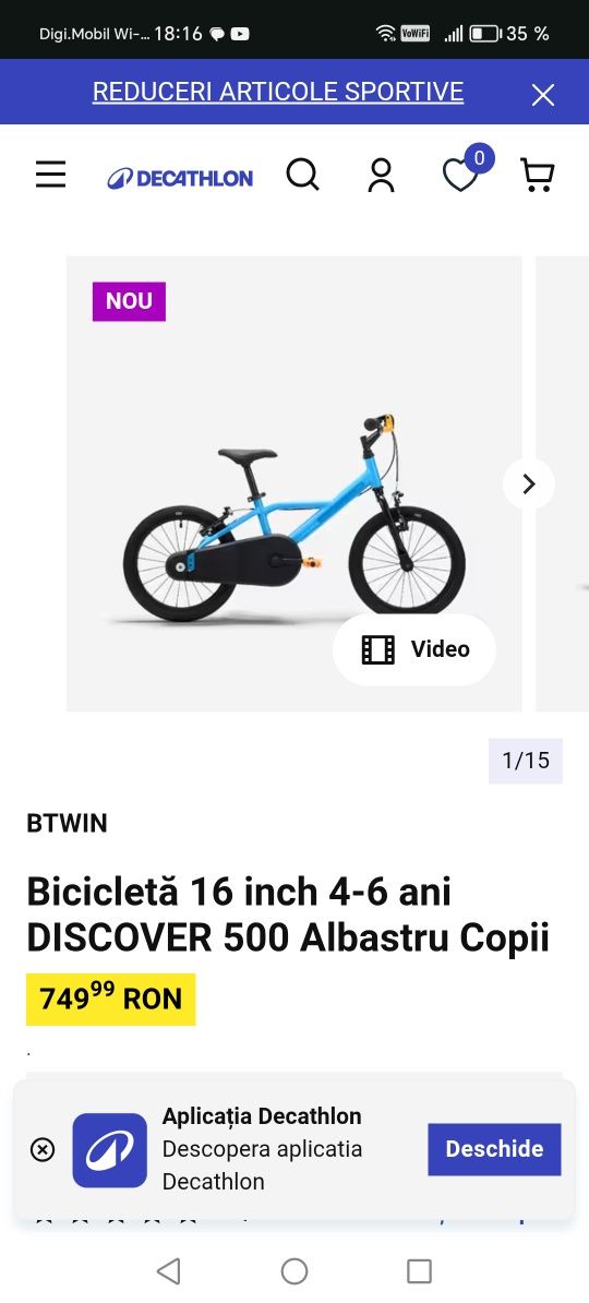 Bicicletă 16 inch 4-6 ani DISCOVER 500 Albastru Copii