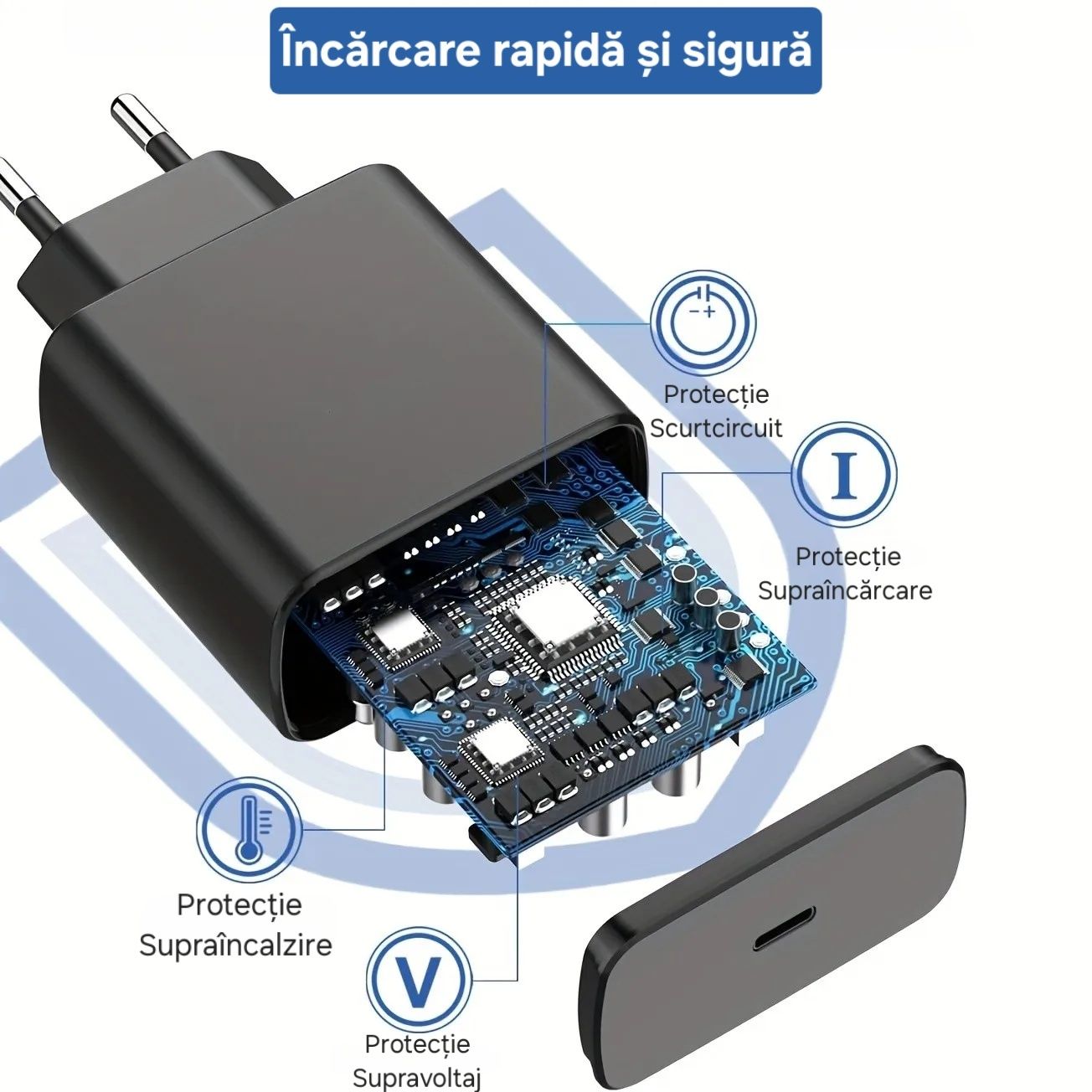 Set Încărcare&Date: priză USB+cablu UsbC 45W. Ultra protecție.