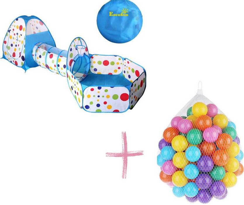 Детска тента и палатка за игра 3 в 1 с тунел и 50 цветни топки ПОДАРЪК