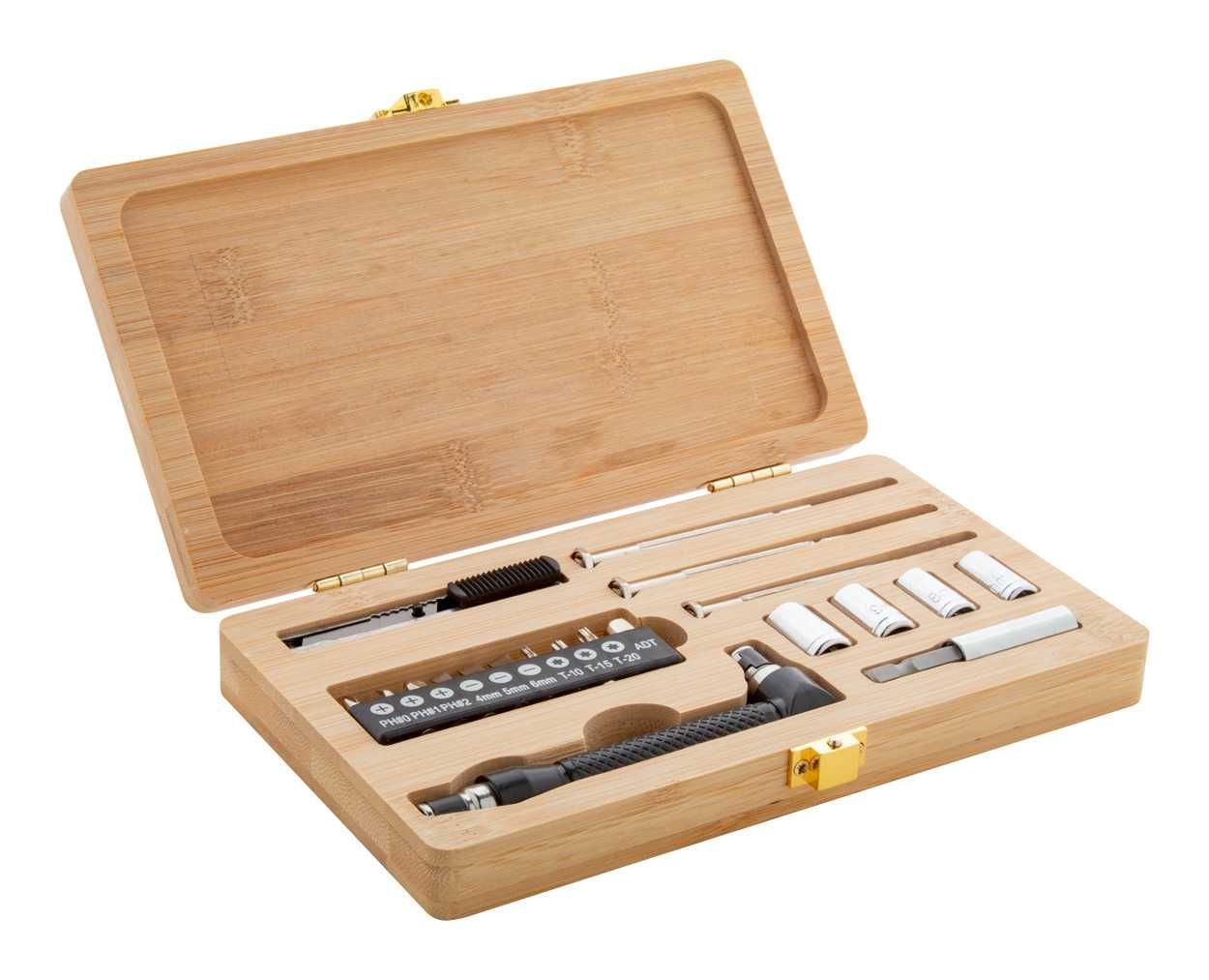 Set de scule 21 piese, in cutie de bambus - Nou