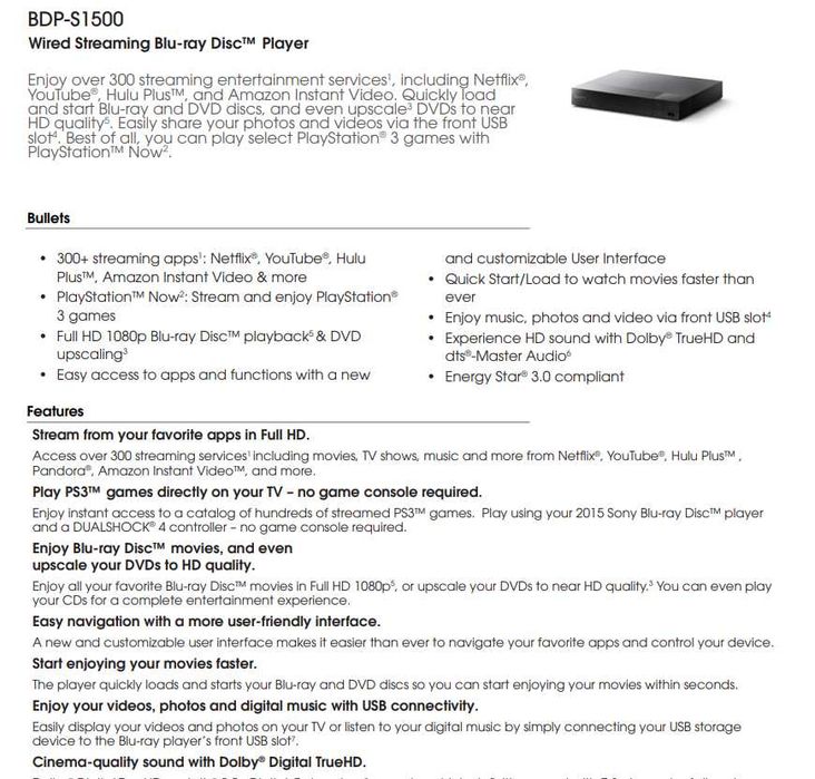 Sony BDP S1500 Blu Ray Player