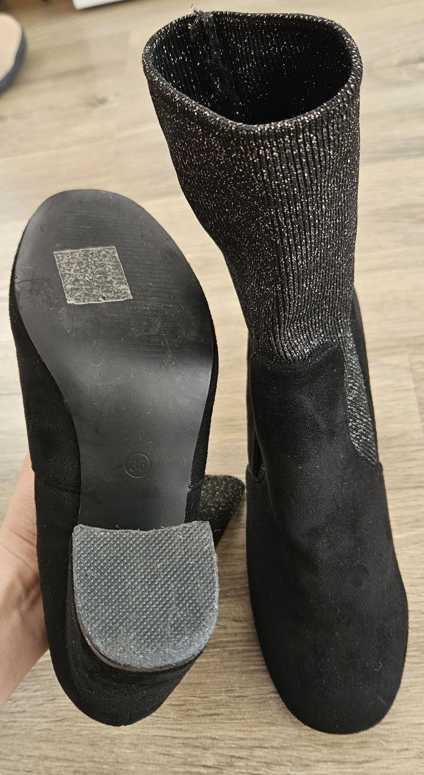 Botine din piele ecologica intoarsa si material textil stralucitor