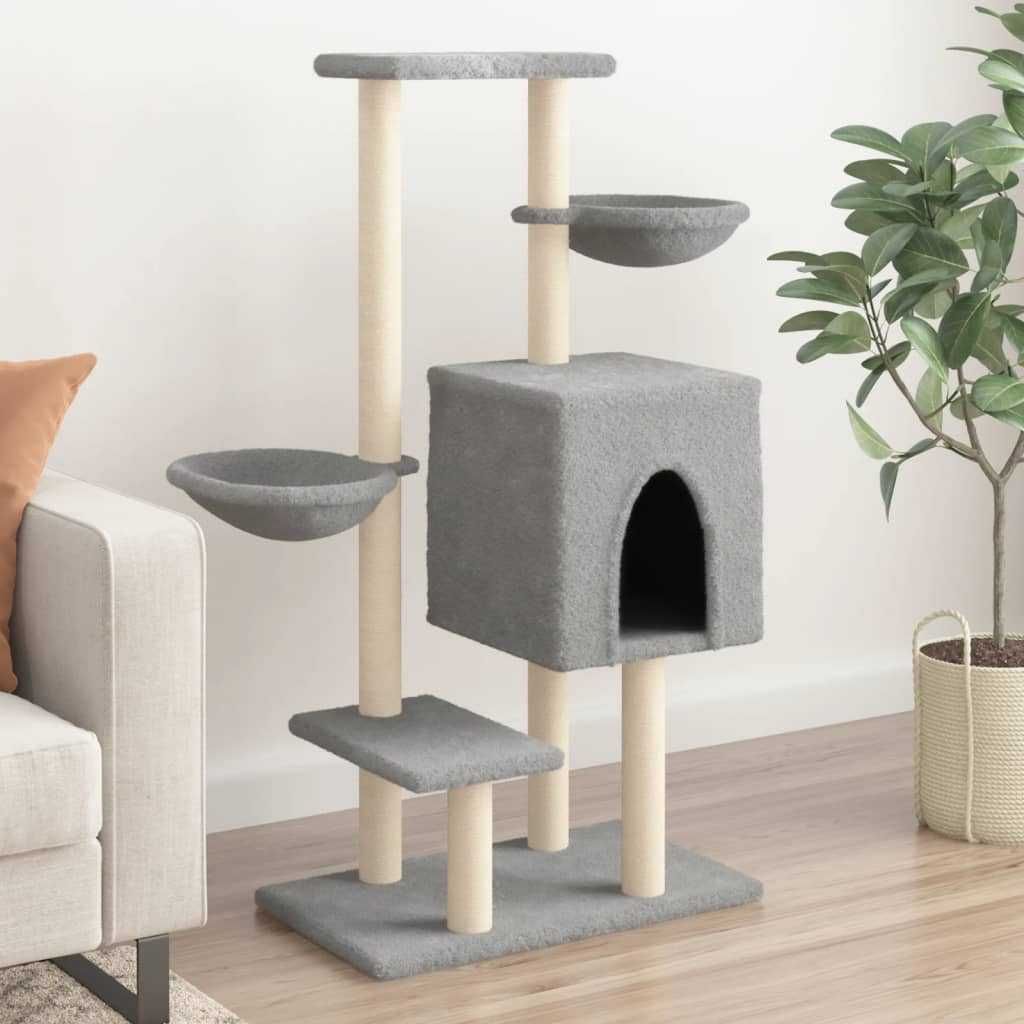 Котешко дърво с къщичка, 2 коша и платформи – 117 см, светлосиво