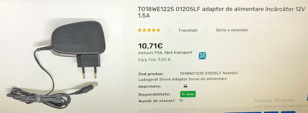 Adaptor AC, model T018WE1225, 12V, 1.5A