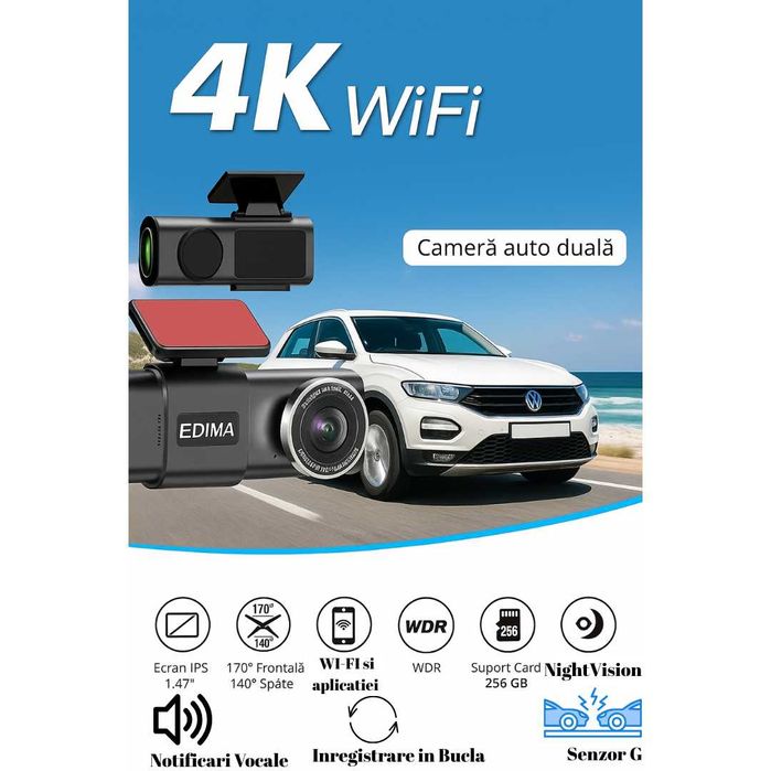 Camera Auto DVR 4K EDIMA®, Camera de bord ultracompacta, FULL HD 4K,