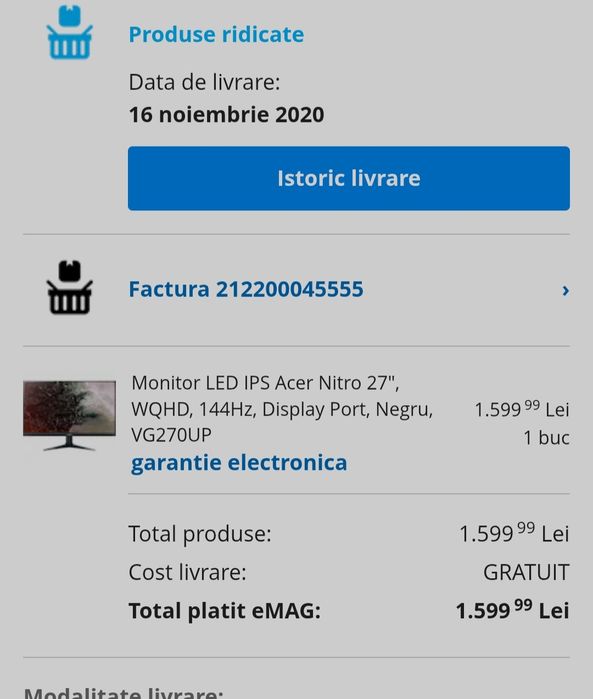 Vând monitor Acer Nitro 27" VG270