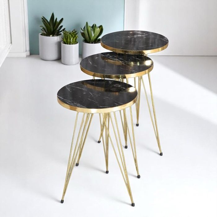 Комплект 3 маси за кафе, помощна масичка - черно/ златно