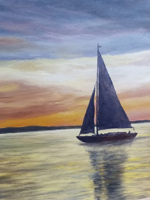 Майсторска Картина с Ветроход на Залез