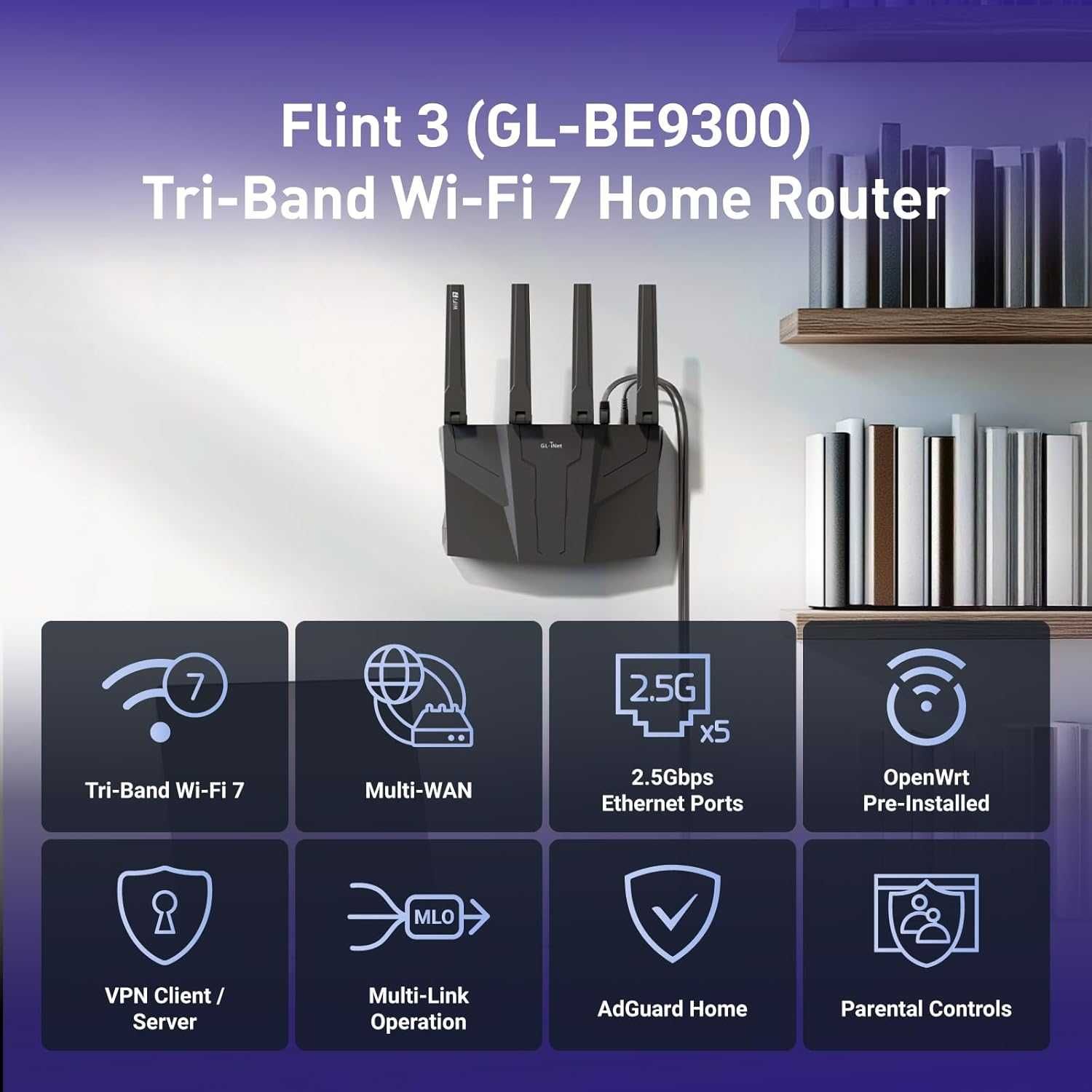 GL.iNet GL-BE9300 (Flint 3) Трибандов WiFi 7 рутер, 5 x 2.5G, MLO