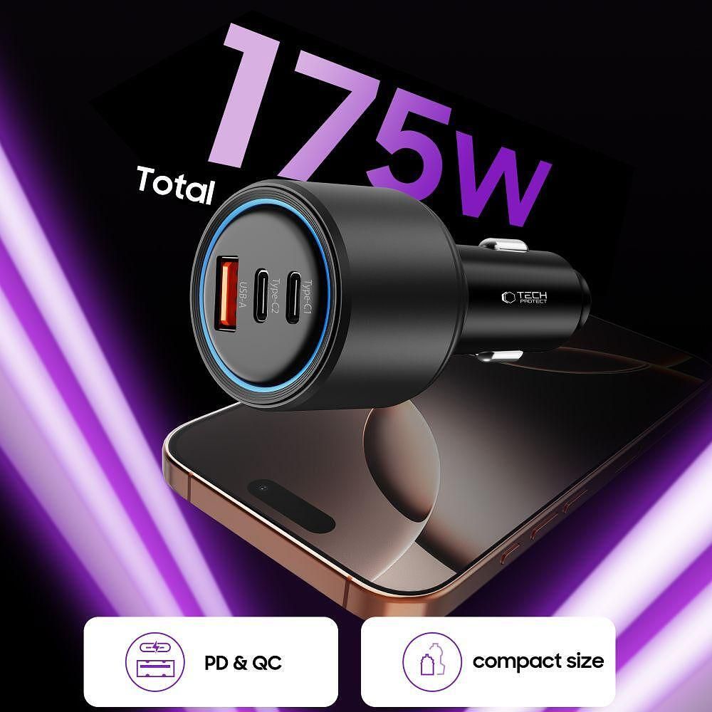 Зарядно за кола tech-protect cc04 3-port car charger pd175w – черно