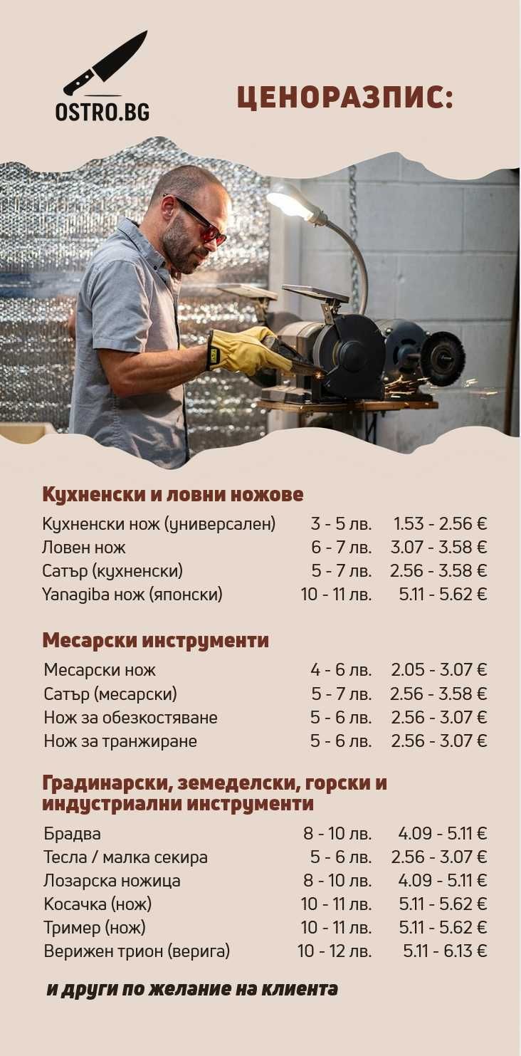Професионално заточване на ножове, остриета и инструменти - София