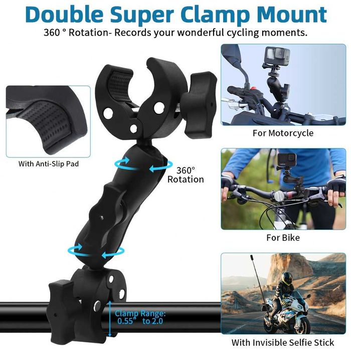 Set prindere moto: selfie stick + 2x clema dubla pt Insta360 GoPro DJI