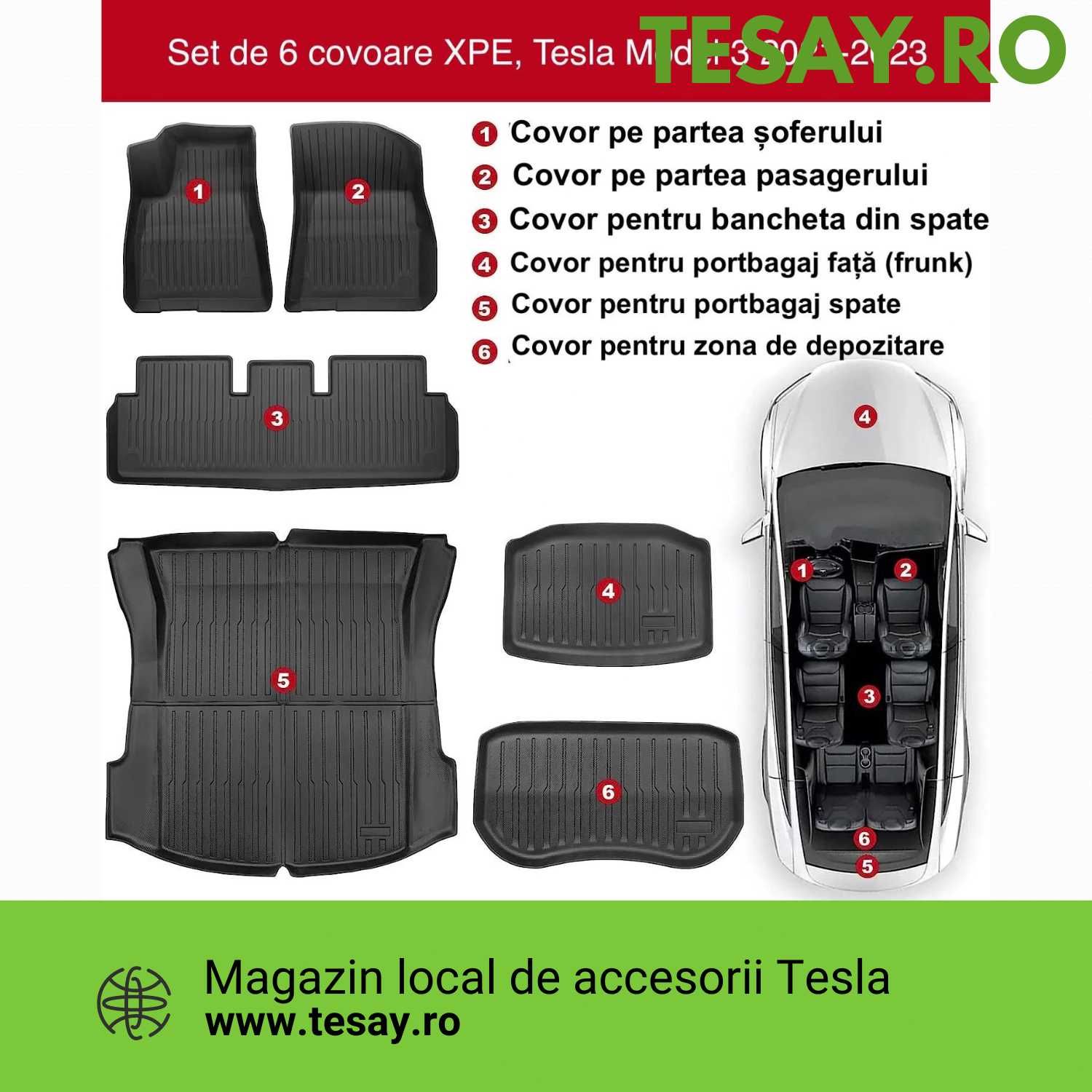 Set de 6 covoare Tesla Model 3 (Highland), anti-alunecare, impermeabil