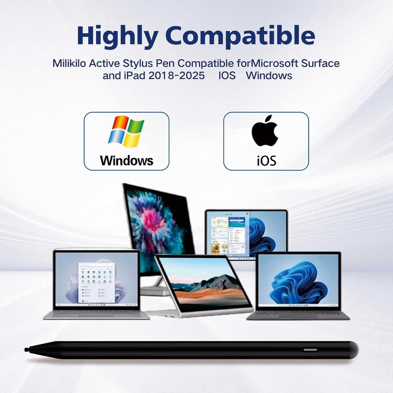 Стилус за iPad 2018-2025, Milikilo стилус за Microsoft Surface, черен