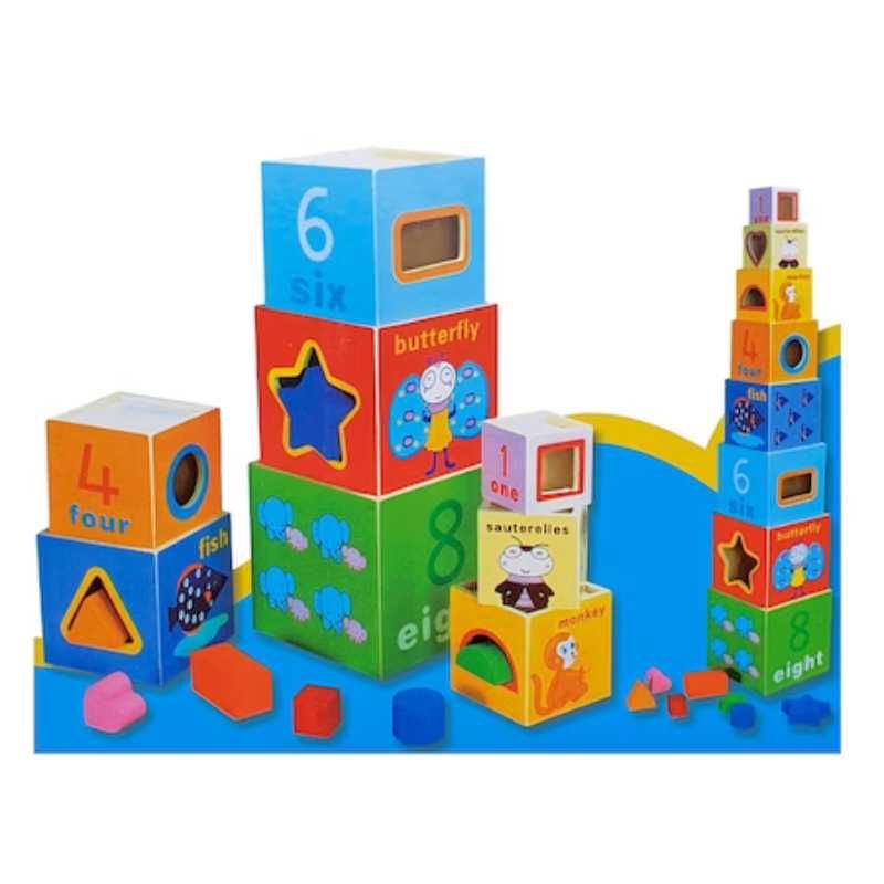 Jucarie Turnul din lemn format din 8 cuburi cu cifre, animale
