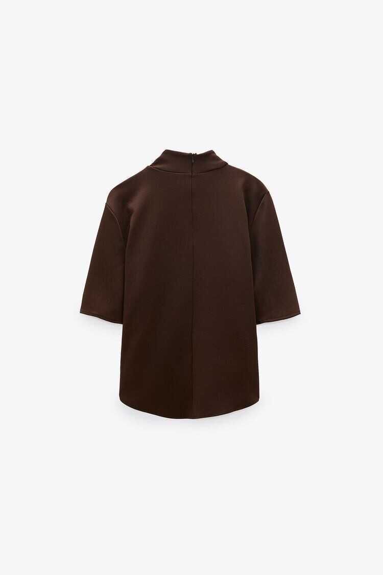Дамска блуза с къс ръкав и висока яка Zara, 96% полиестер, Кафява, XL