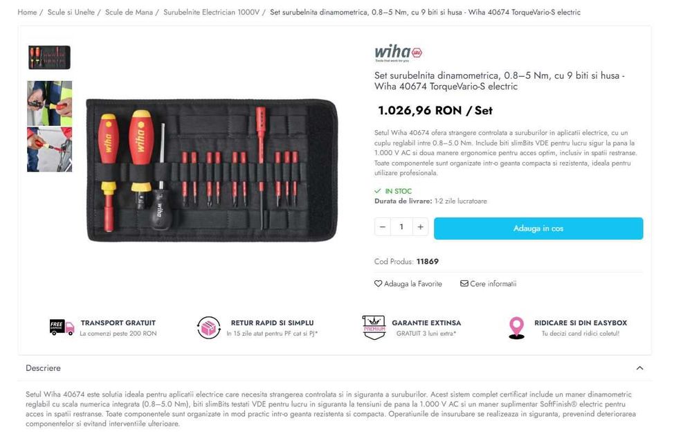 Set surubelnita dinamometrica, 0.8–5 Nm, cu 9 biti si husa - Wiha