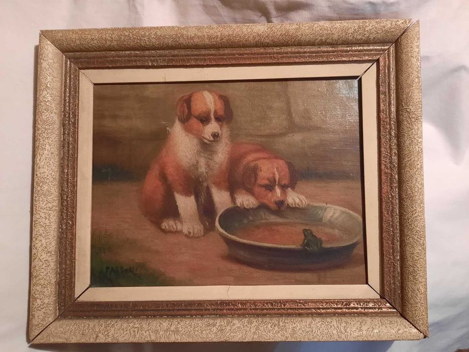 tablou catei saint bernard cu musafir la mancare