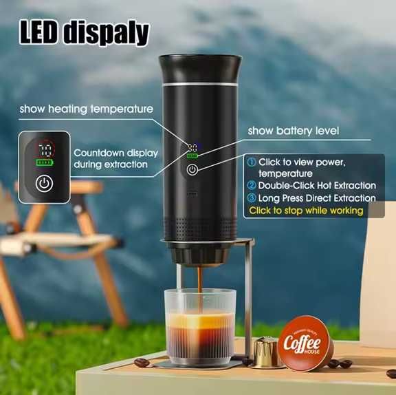 Espressor portabil cu ecran LED 72W 80ml 7500mAh, INOX, Negru