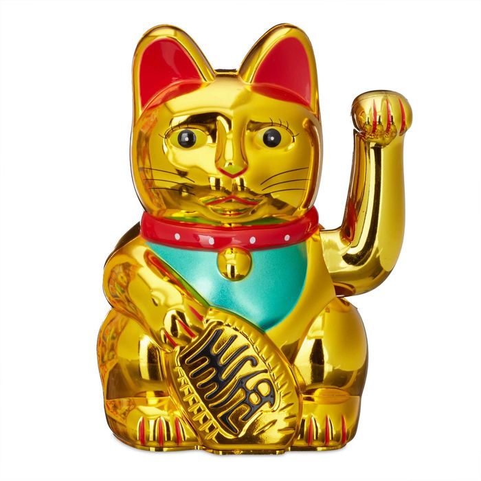 Maneki neko pisica norocoasa aurie cu brat mobil 16 cm decor feng shui