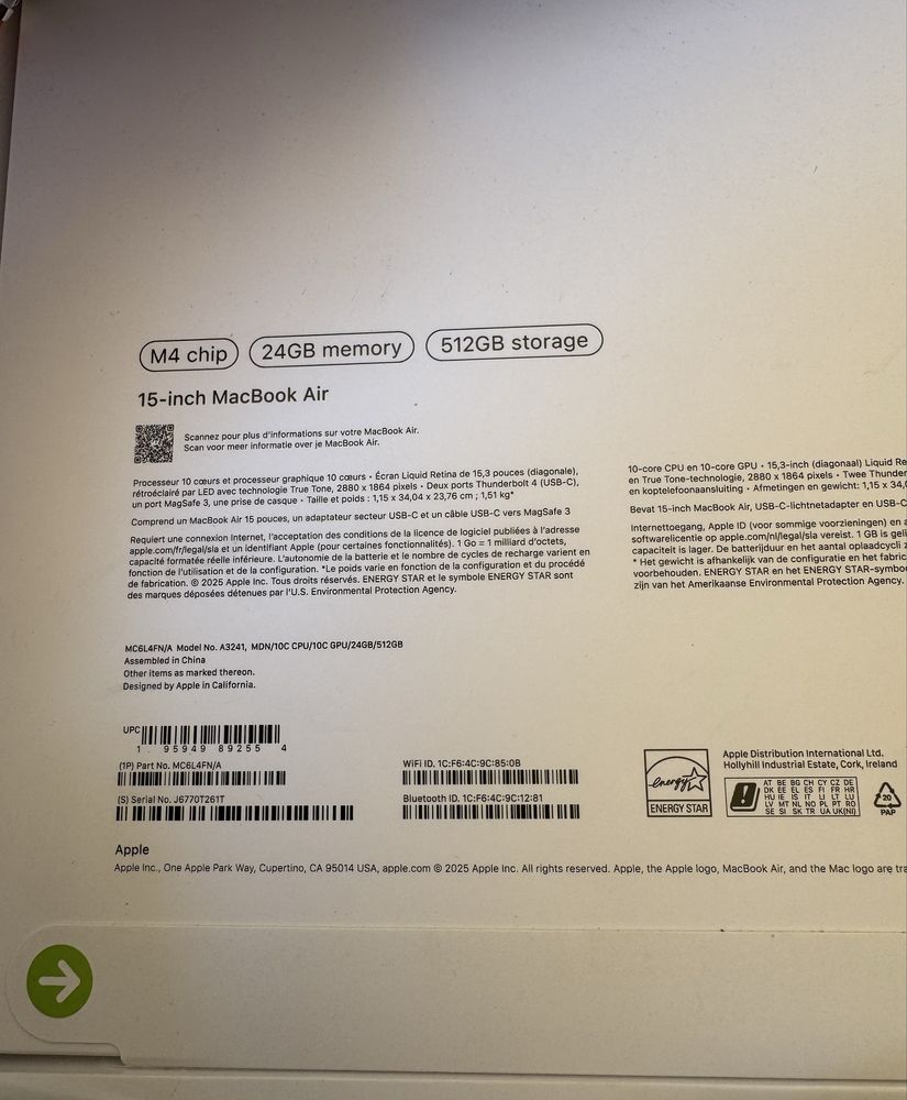 НОВ! MacBook Air 15” M4 24/512 10CPU/10GPU Midnight