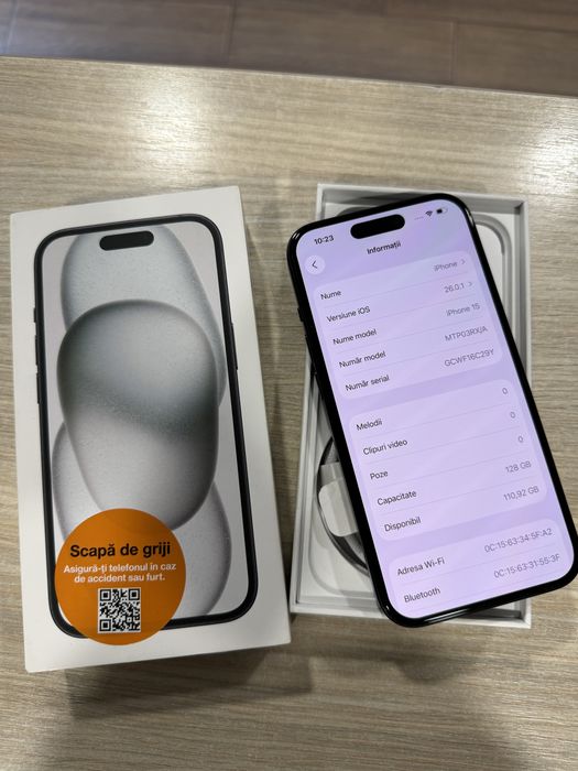 iPhone 15, 128GB, 5G, Black, Impecabl/CA NOU, 5 Cicluri Incarcari!!