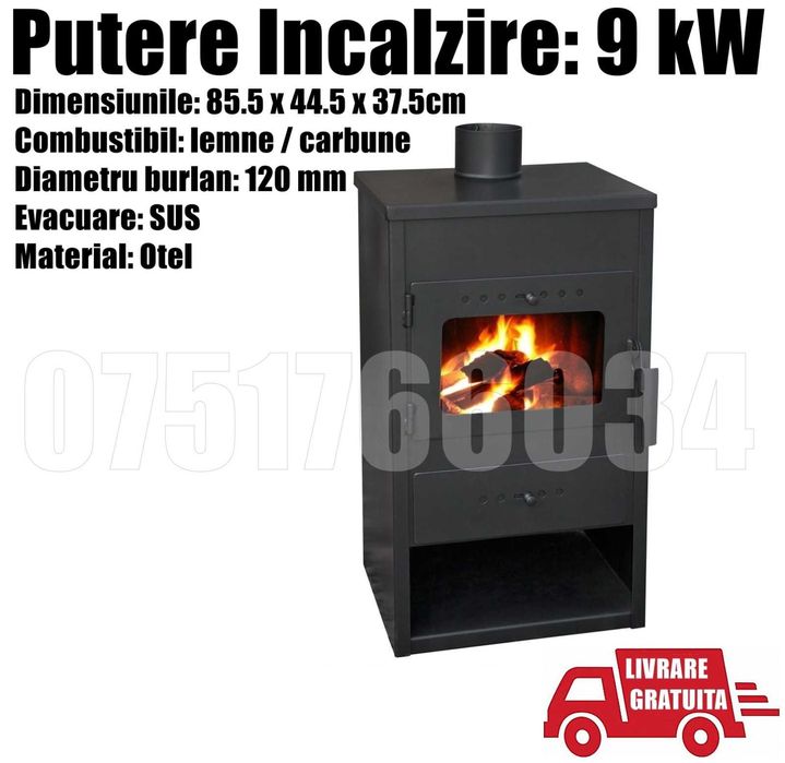 Semineu Soba Lemne 9kw Incalzire Caldura Casa Camera LIVRARE GRATUITA