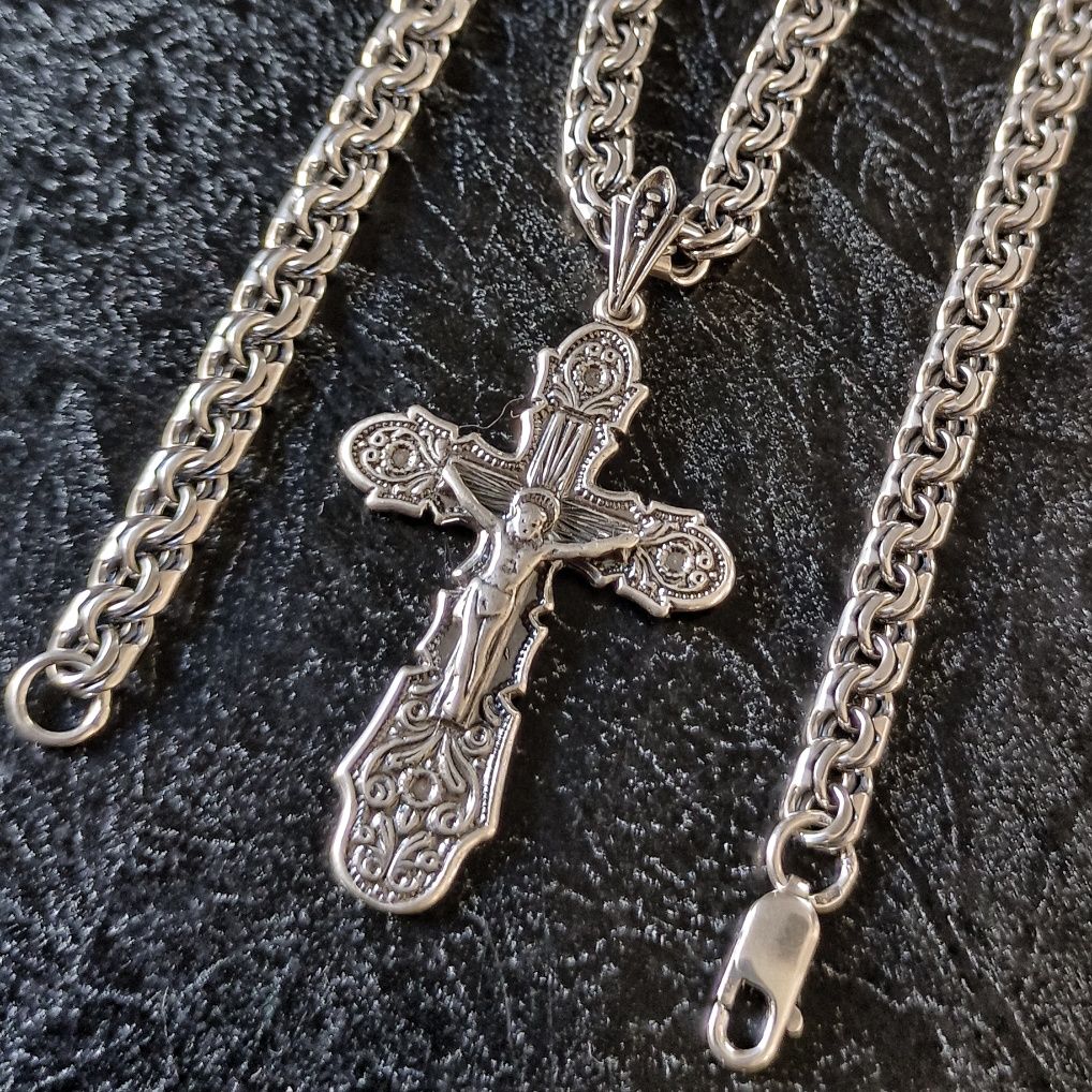 Мужской серебряный крест и цепочка 65 см, серебро 925