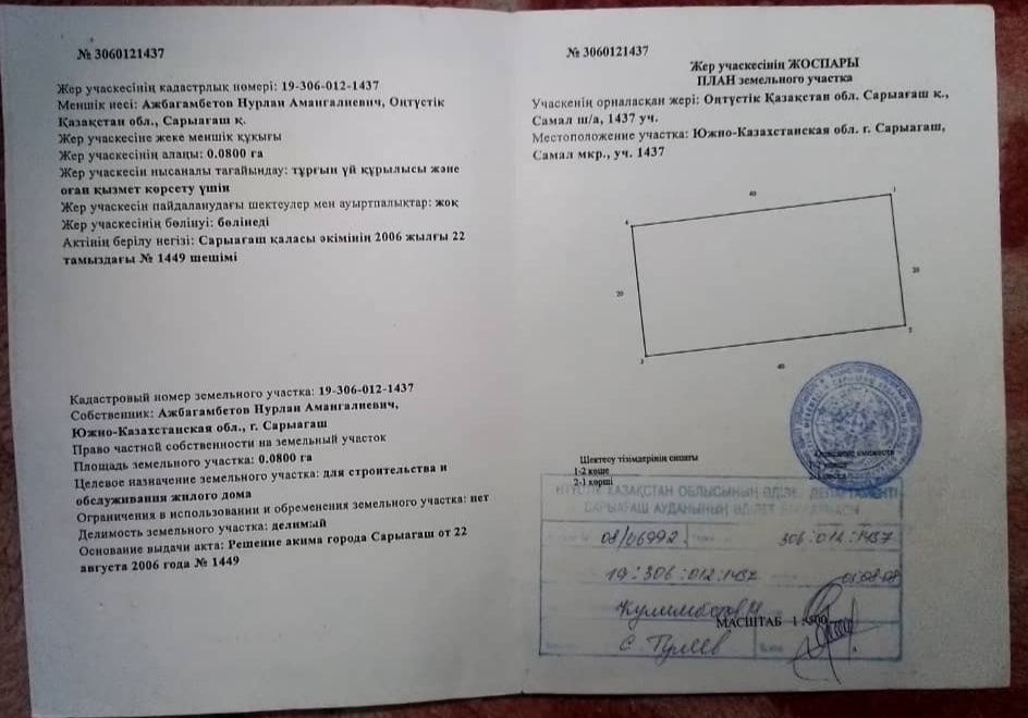 участок 8 соток, г.Сарыагаш , Самал 3