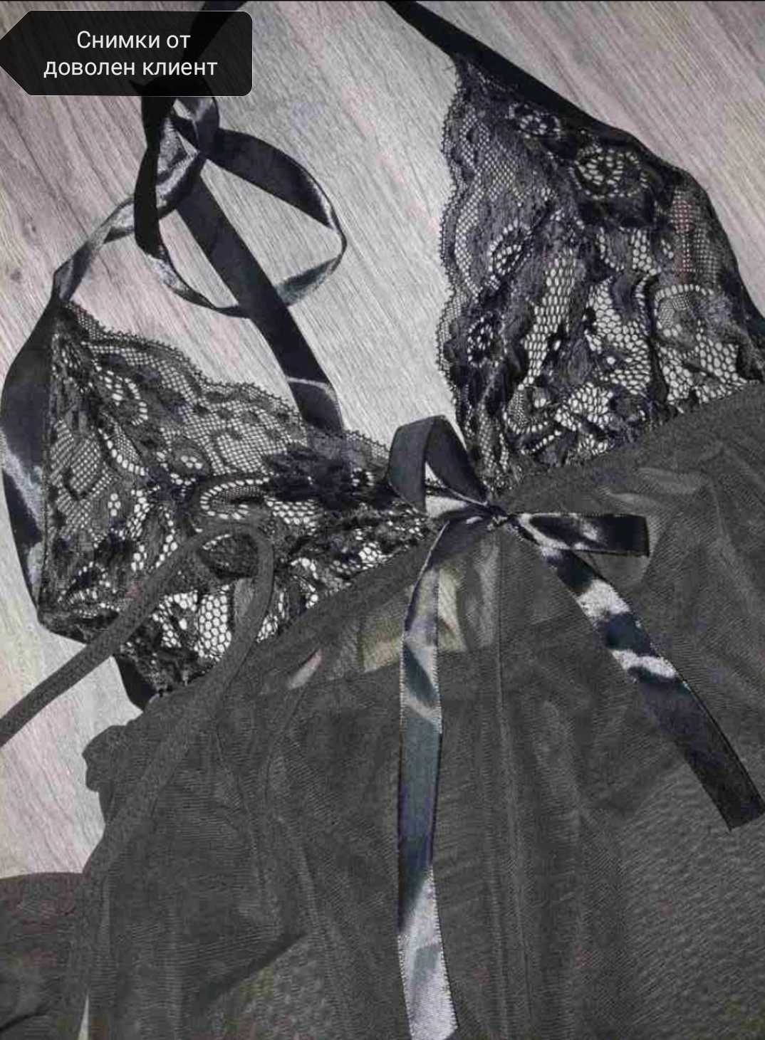 Секси прозрачна нощница комплект с прашки дантелена пижама