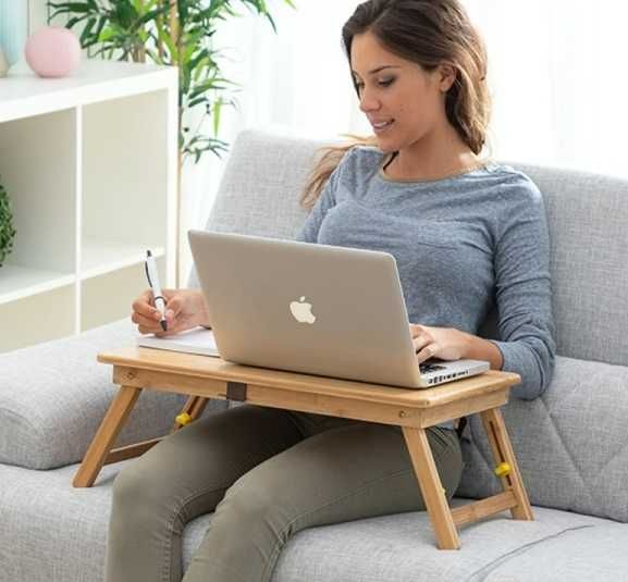 Masuta laptop mic dejun, pliabila, suport si sertar, reglabila, bambus