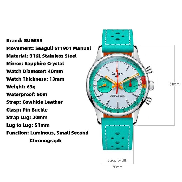 Sugess 1963 Chronograf Seagull ST19 Mecanic Safir Pilot Militar Racing