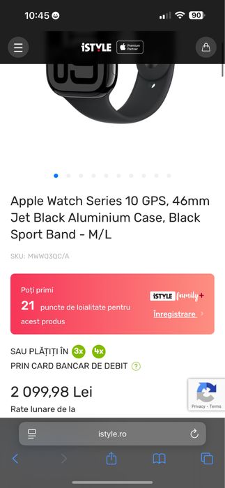 Apple Watch 10 GPS, Carcasa Jet Black Aluminium Case 46mm