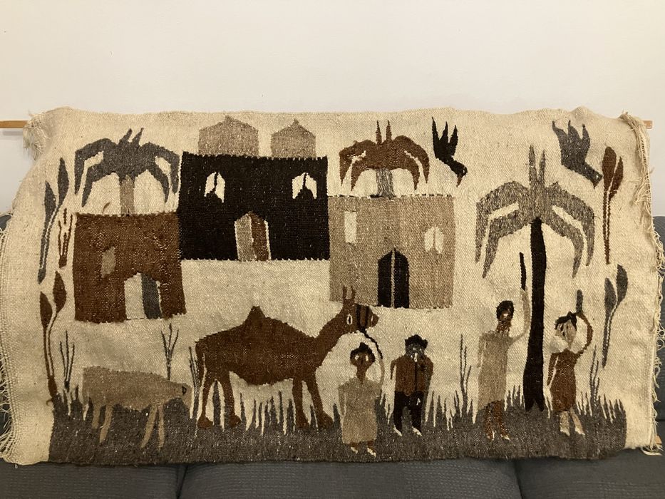 Covor Kilim pictural vintage, lucrat manual, cu țesătură plată