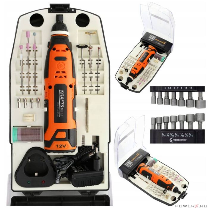 Minipolizor, freza cu acumulator 12V, 25000 rpm, 55 piese, Kraf