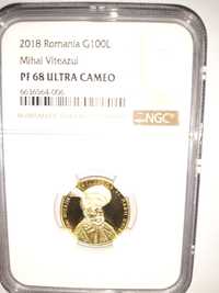Vând monedă BNR, aur, 100 lei Mihai Viteazu, gradata NGC PF 68