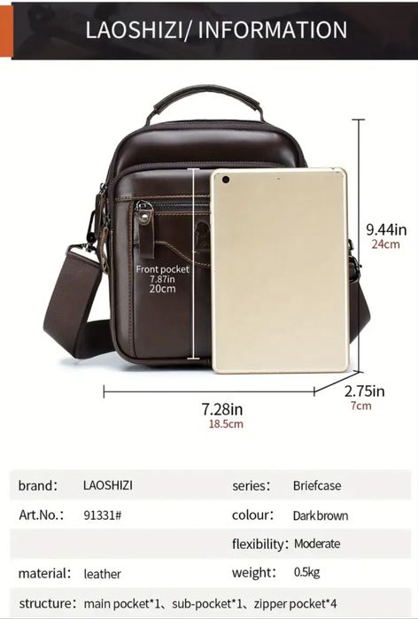 Луксозна и Практична Мъжка бутикова чанта с дръжка/Кафява естест. кожа