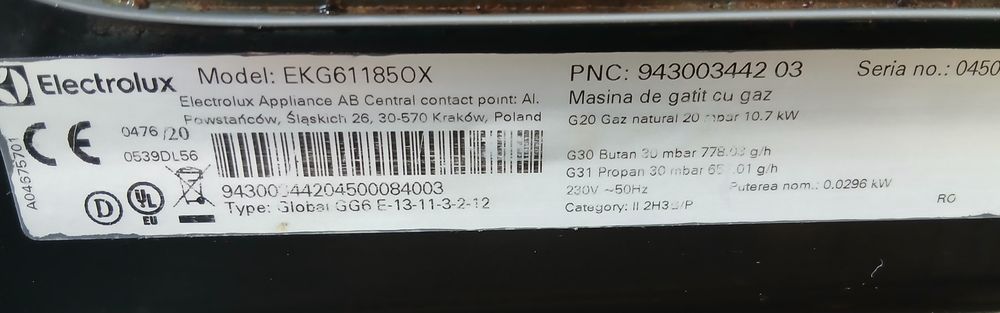 Aragaz ElectroluxEKG61185OX, aprindere electrica,rotisor,grill, 60 cm