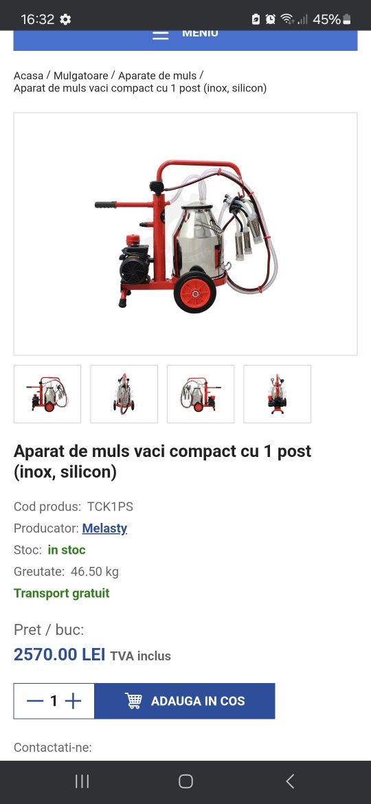 Vând mulgatoare cu 1 stație în stare foarte bună cu bidon din inox.