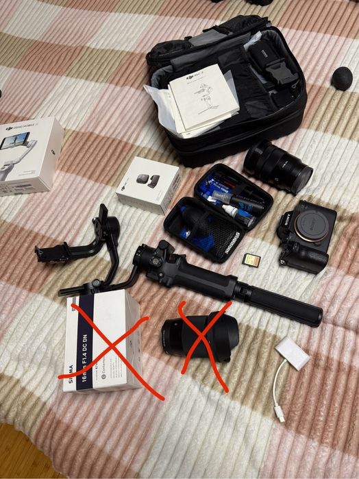 Sony A7iii + DJI Ronin RSC 2 + Sigma 16mm F1.4 + Sony 18-105 F4 + Mic