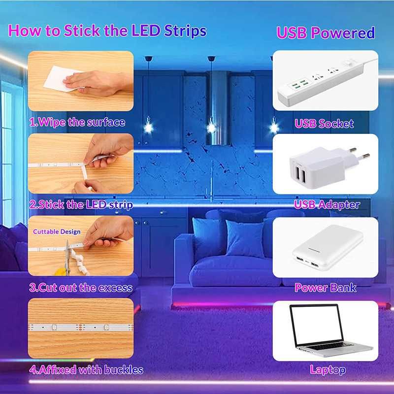 5м LED Лента RGB-IC Bluetooth, Цветомузика Преливащи Цветове Mic, APP