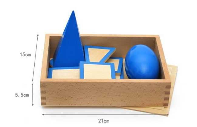 Сини геометрични елементи Монтесори в кутия с поставки и знаци