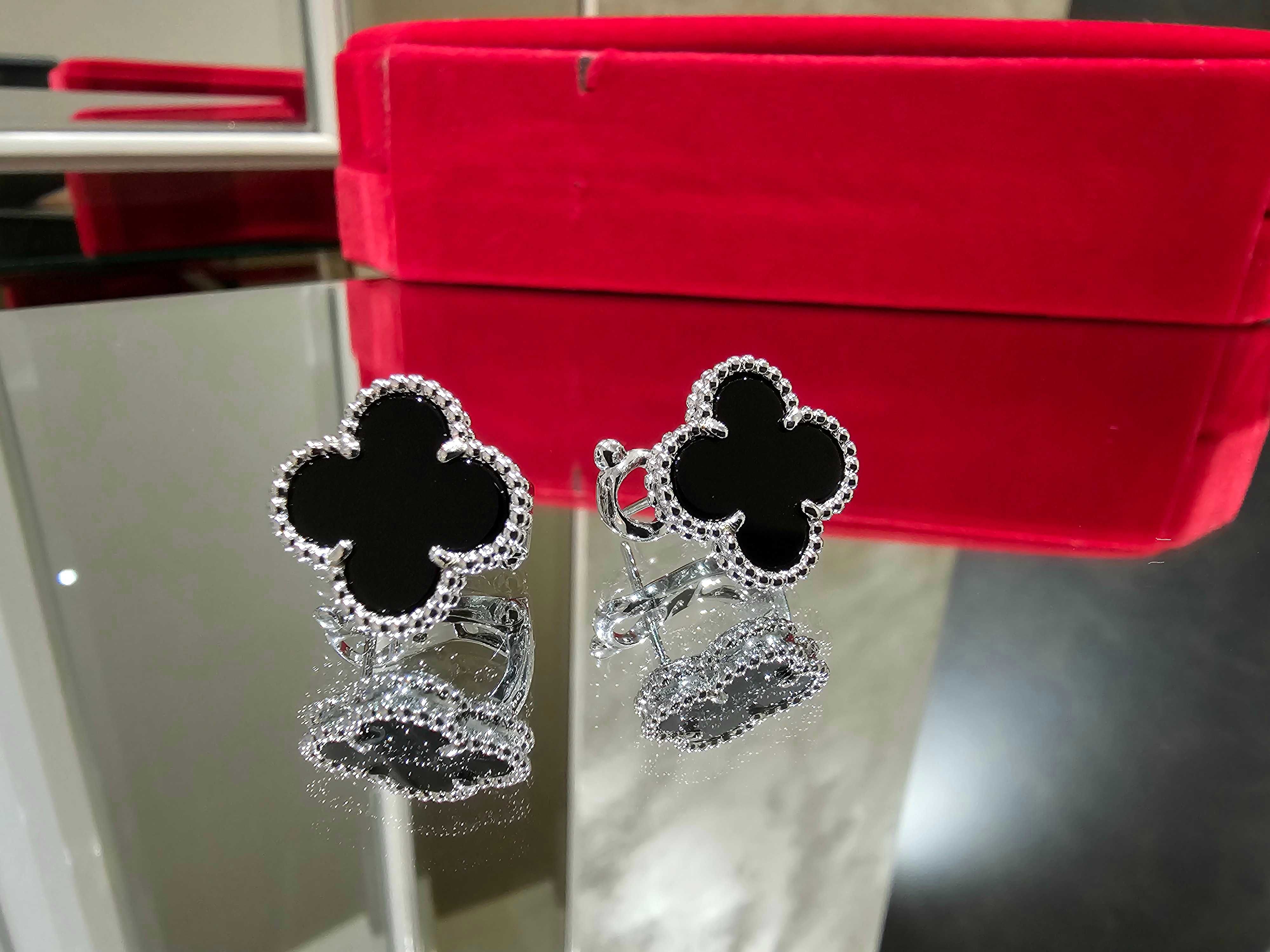 Van Cleef & Arpels VCA Silver Black Onyx Alhambra Clover Дамски Обеци