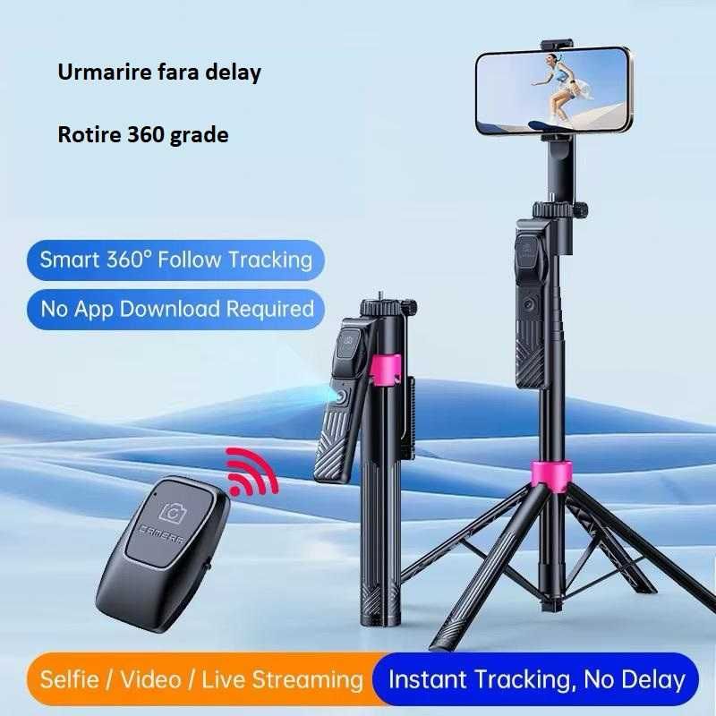 Selfie Stick cu AI Face Track, mâner rotativ, telecomandă magnetică