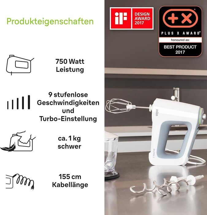 Ръчен миксер Braun MultiMix 5 HM5137WH, 750W, 9 скорости,Turbo