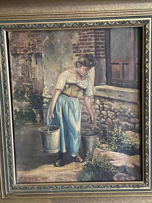 Superba pictura-ulei pe panza-Tanara femeie langa fantana-Franta